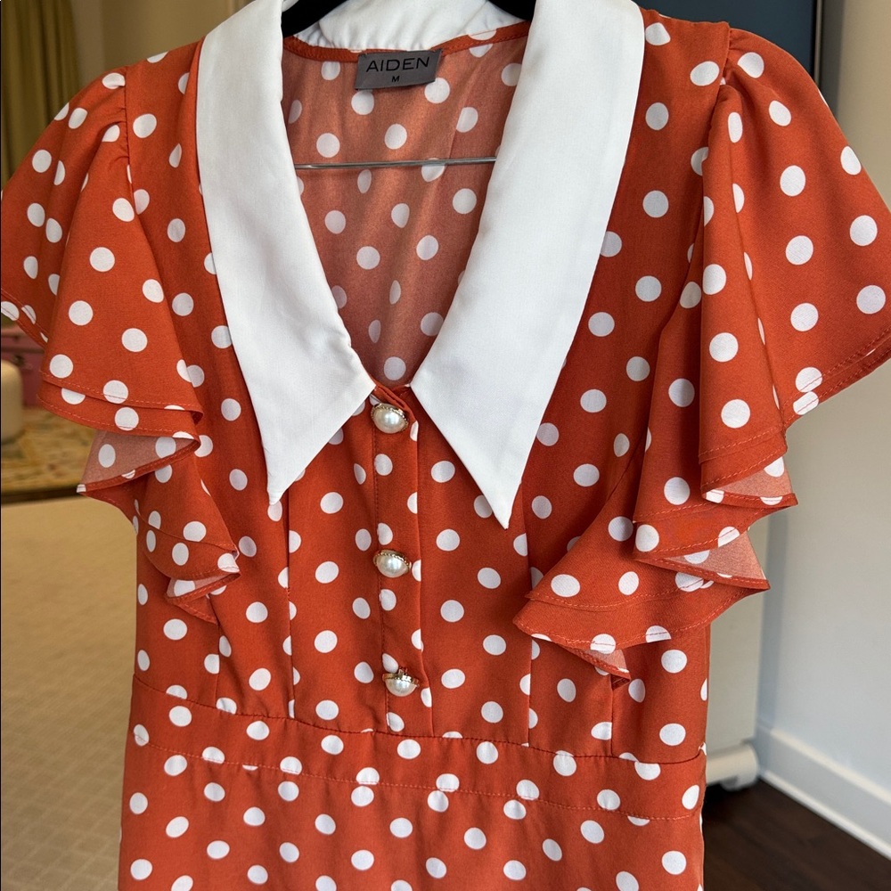 Aiden - Women’s Orange Polka Dot Mini Dress w/ White Collar - Size: Medium - Picture 3 of 10